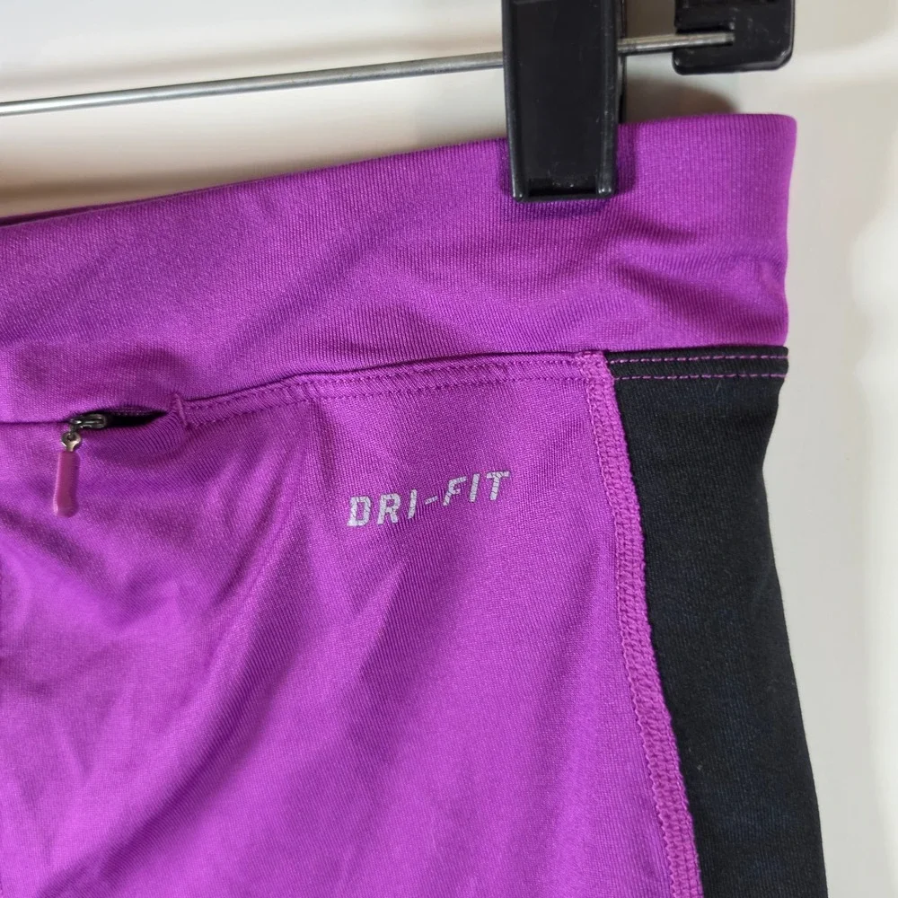Nike Dri-FIT Womens Purple Black Cropped Running Leggings Zipper Pocket Size‎ S